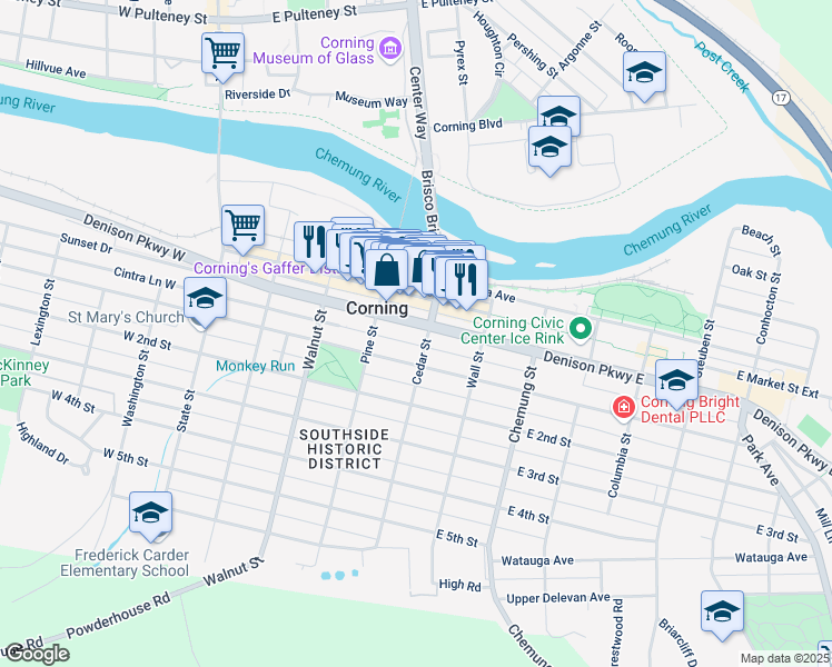 map of restaurants, bars, coffee shops, grocery stores, and more near 31-35 Denison Parkway East in Corning