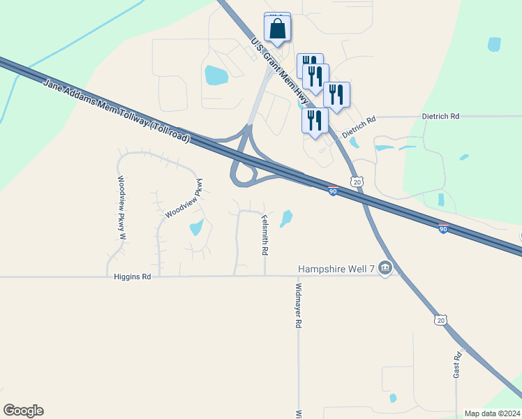 map of restaurants, bars, coffee shops, grocery stores, and more near 46W130 Felsmith Road in Hampshire