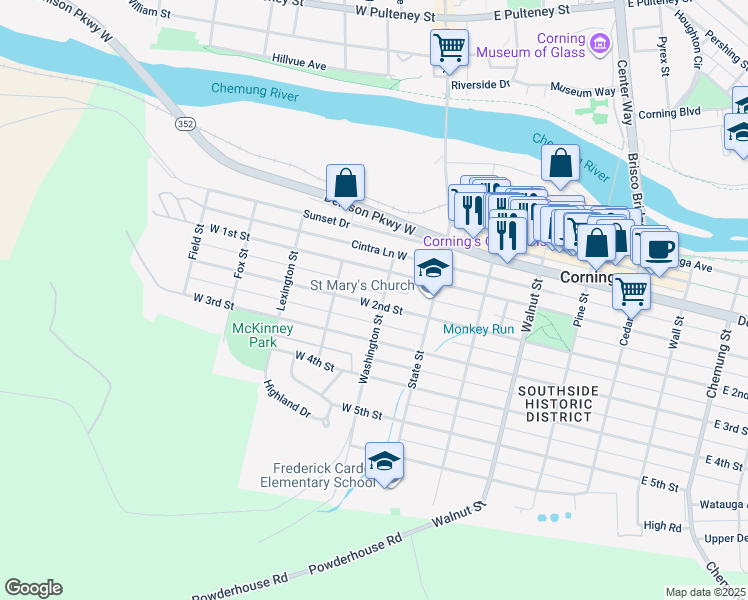 map of restaurants, bars, coffee shops, grocery stores, and more near 189 Washington Street in Corning