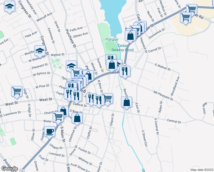 map of restaurants, bars, coffee shops, grocery stores, and more near 8 Goodrich Street in Milford