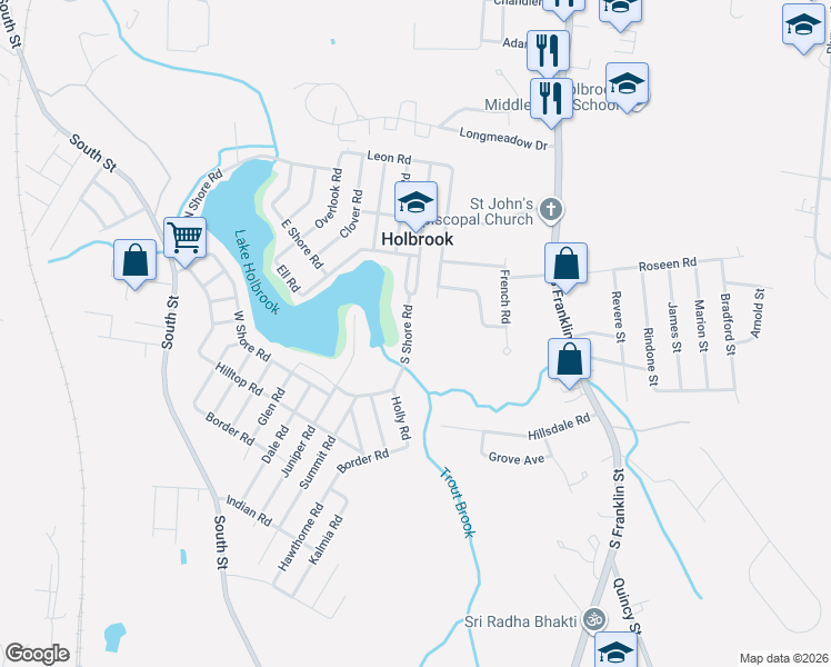 map of restaurants, bars, coffee shops, grocery stores, and more near 20 South Shore Road in Holbrook