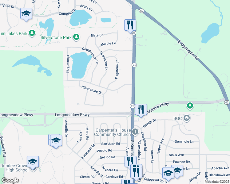 map of restaurants, bars, coffee shops, grocery stores, and more near 619 Silverstone Drive in Carpentersville