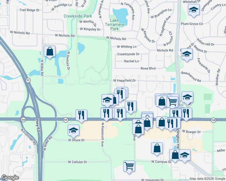 map of restaurants, bars, coffee shops, grocery stores, and more near 995 West Happfield Drive in Arlington Heights