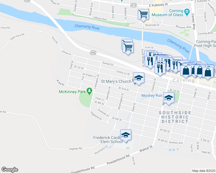 map of restaurants, bars, coffee shops, grocery stores, and more near 252 West 2nd Street in Corning