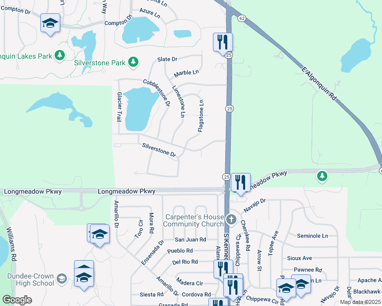 map of restaurants, bars, coffee shops, grocery stores, and more near 827 Silverstone Drive in Carpentersville