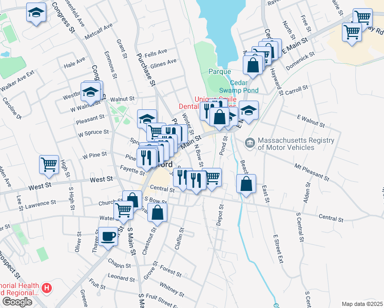 map of restaurants, bars, coffee shops, grocery stores, and more near 28 Court Street in Milford