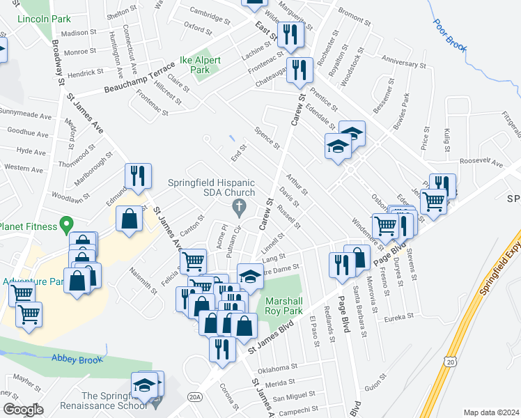 map of restaurants, bars, coffee shops, grocery stores, and more near 1586 Carew Street in Springfield