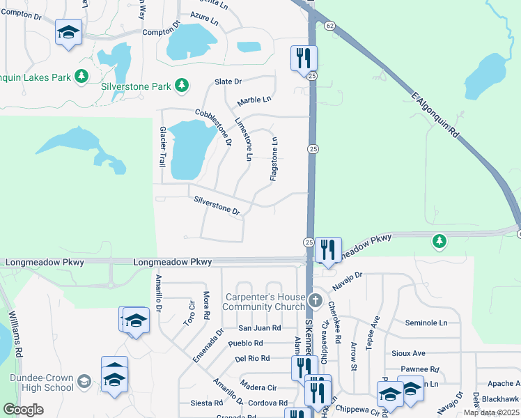 map of restaurants, bars, coffee shops, grocery stores, and more near 721 Silverstone Drive in Carpentersville
