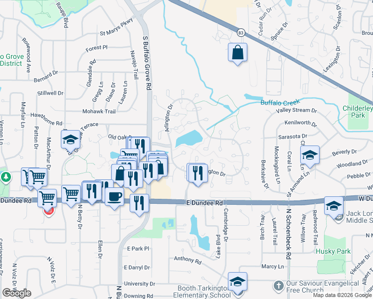 map of restaurants, bars, coffee shops, grocery stores, and more near 1612 Hadley Court in Wheeling