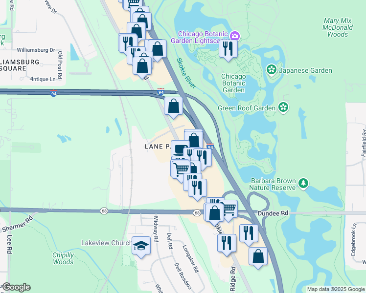 map of restaurants, bars, coffee shops, grocery stores, and more near 555 Skokie Boulevard in Northbrook