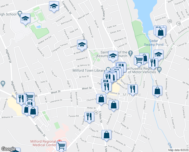 map of restaurants, bars, coffee shops, grocery stores, and more near 79 Pine Street in Milford
