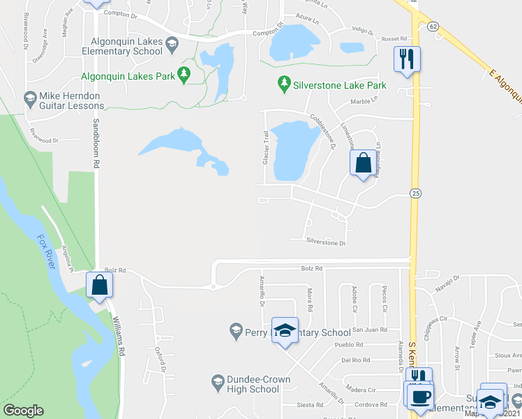 map of restaurants, bars, coffee shops, grocery stores, and more near 927 Silverstone Drive in Carpentersville