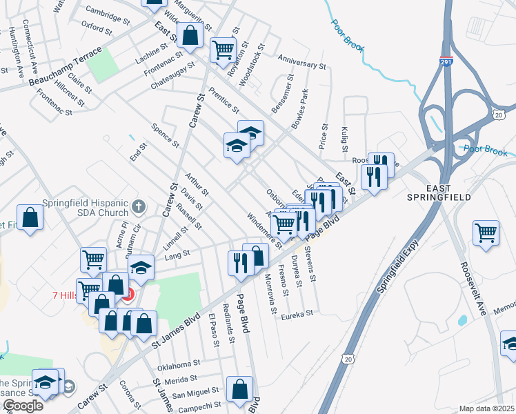 map of restaurants, bars, coffee shops, grocery stores, and more near 92 Ardmore Street in Springfield