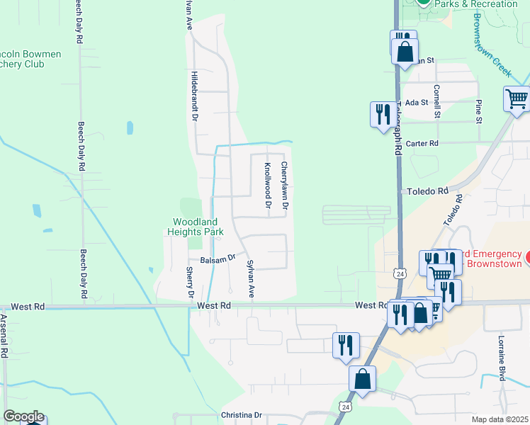 map of restaurants, bars, coffee shops, grocery stores, and more near 22369 Knollwood Drive in Brownstown Charter Township