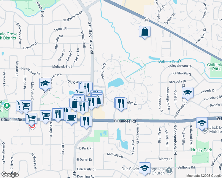 map of restaurants, bars, coffee shops, grocery stores, and more near 1606 Hadley Court in Wheeling