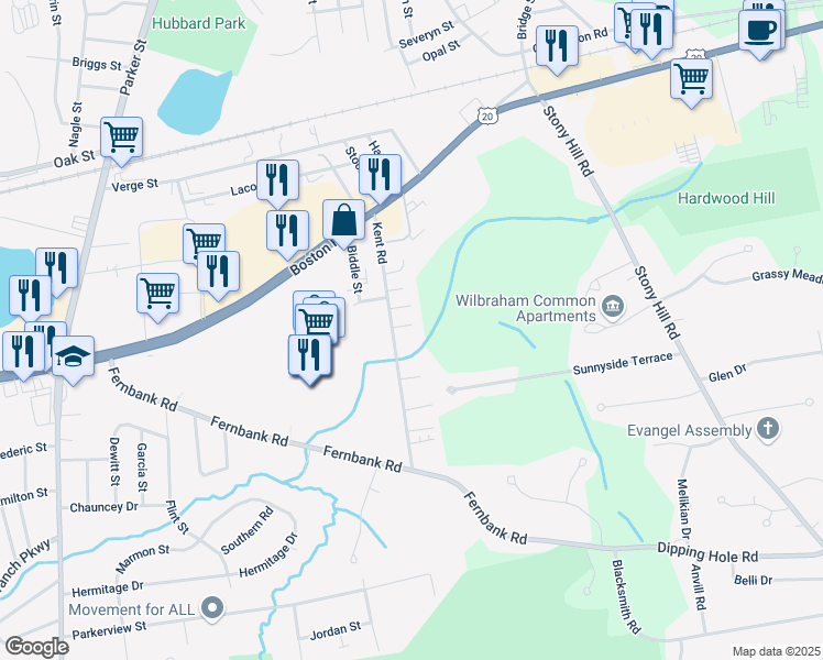 map of restaurants, bars, coffee shops, grocery stores, and more near 123-125 Kent Road in Springfield