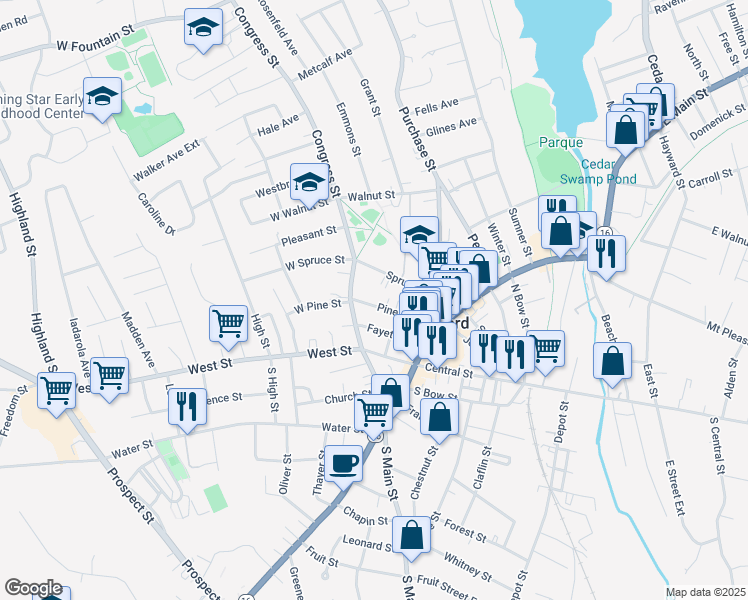 map of restaurants, bars, coffee shops, grocery stores, and more near 90 1/2 Spruce Street in Milford