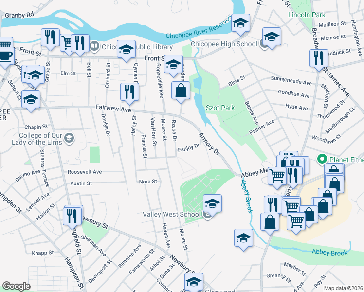 map of restaurants, bars, coffee shops, grocery stores, and more near 32 Fanjoy Drive in Chicopee