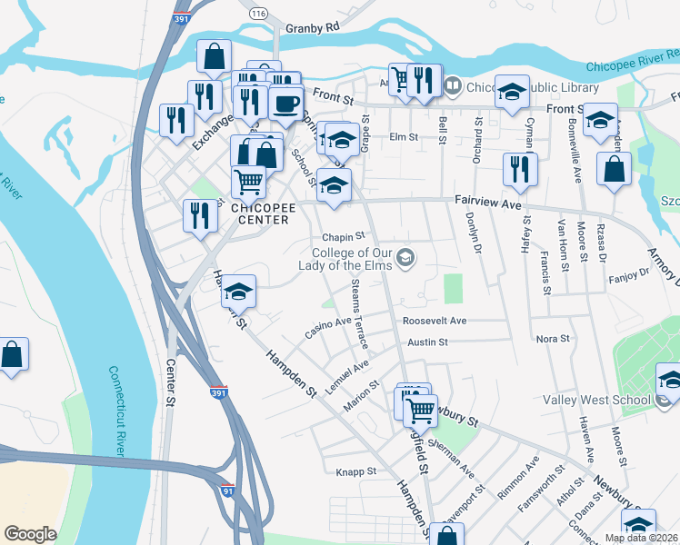 map of restaurants, bars, coffee shops, grocery stores, and more near 20 Captain Mac Street in Chicopee