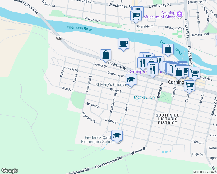 map of restaurants, bars, coffee shops, grocery stores, and more near 163 Washington Street in Corning
