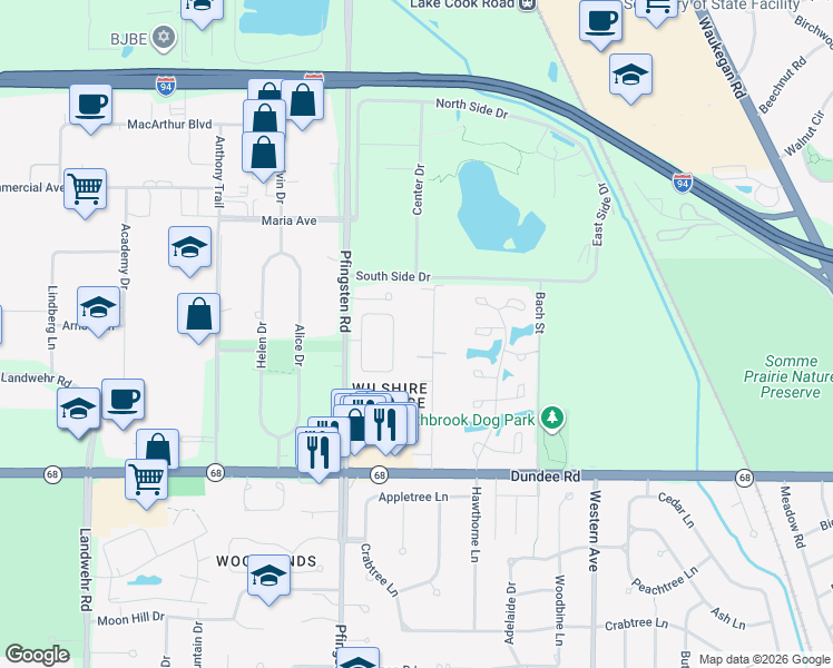 map of restaurants, bars, coffee shops, grocery stores, and more near 538 Dunsten Circle in Northbrook