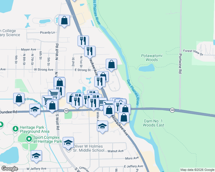 map of restaurants, bars, coffee shops, grocery stores, and more near 311 Partridge Lane in Wheeling