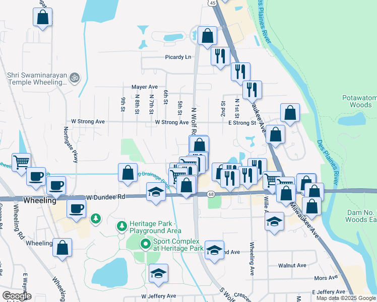 map of restaurants, bars, coffee shops, grocery stores, and more near 180 North Wolf Road in Wheeling