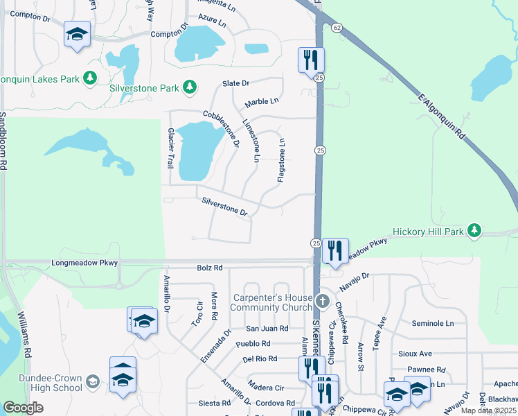 map of restaurants, bars, coffee shops, grocery stores, and more near 827 Silverstone Drive in Carpentersville