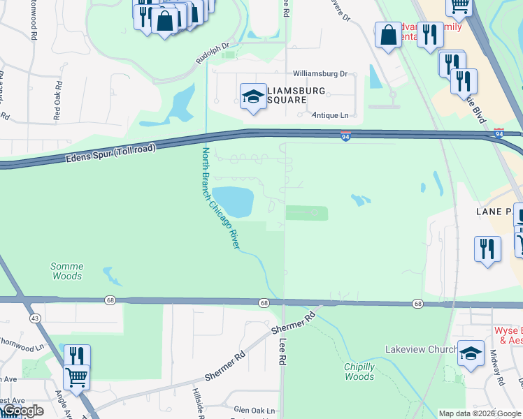 map of restaurants, bars, coffee shops, grocery stores, and more near 542 Waters Edge Court in Northbrook