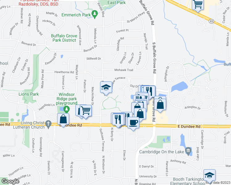 map of restaurants, bars, coffee shops, grocery stores, and more near 655 Golfview Terrace in Buffalo Grove