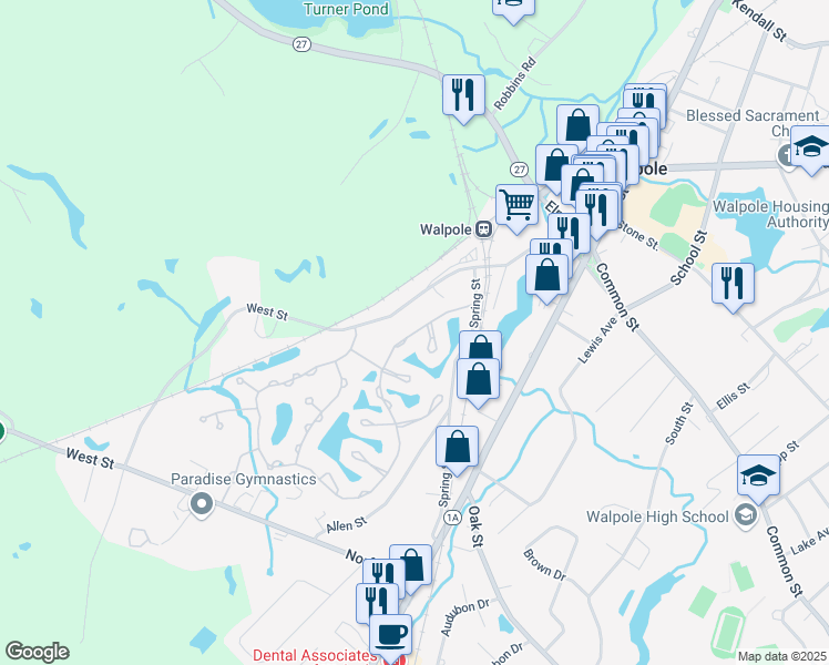 map of restaurants, bars, coffee shops, grocery stores, and more near 55 Clear Pond Drive in Walpole