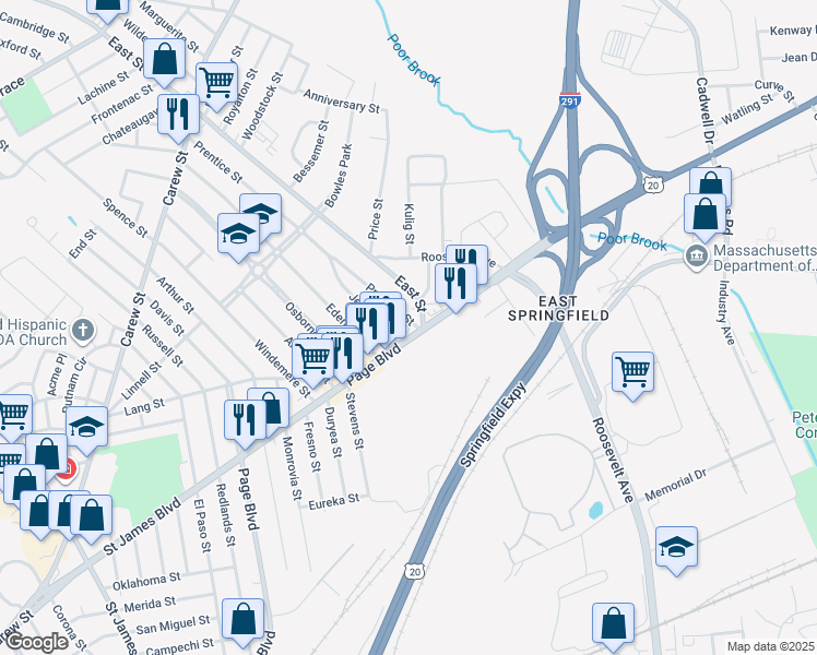 map of restaurants, bars, coffee shops, grocery stores, and more near 10 Prentice Street in Springfield