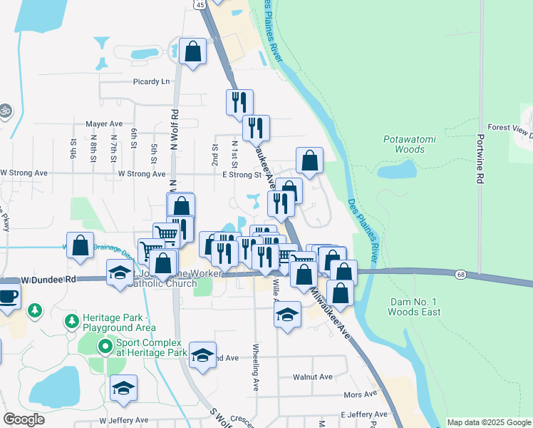 map of restaurants, bars, coffee shops, grocery stores, and more near 190 North Milwaukee Avenue in Wheeling