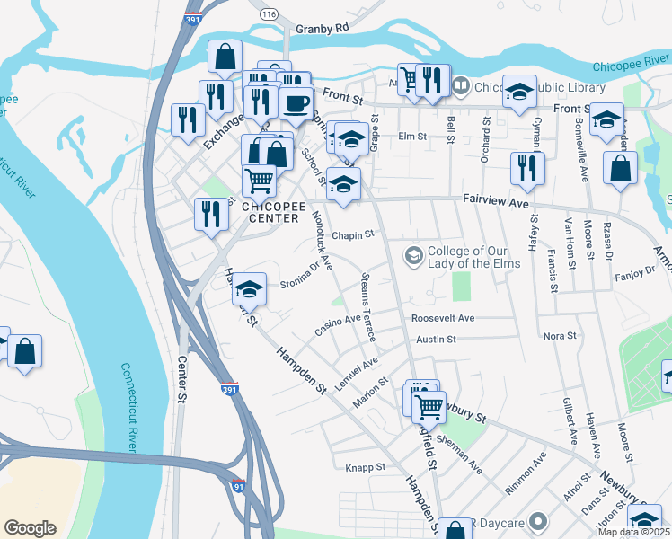 map of restaurants, bars, coffee shops, grocery stores, and more near 147 Nonotuck Avenue in Chicopee
