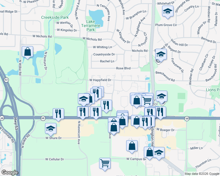 map of restaurants, bars, coffee shops, grocery stores, and more near 751 West Happfield Drive in Arlington Heights