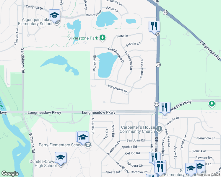 map of restaurants, bars, coffee shops, grocery stores, and more near 1003 Silverstone Drive in Carpentersville