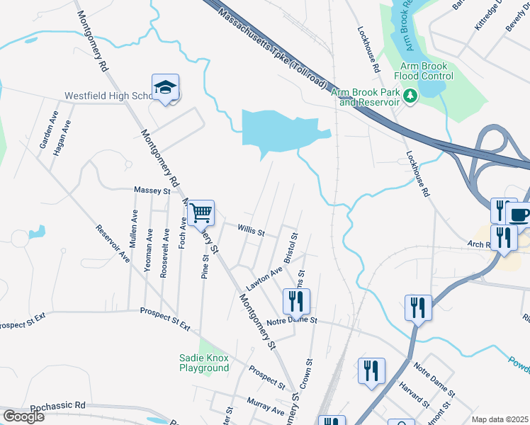 map of restaurants, bars, coffee shops, grocery stores, and more near 78 Cranston Street in Westfield