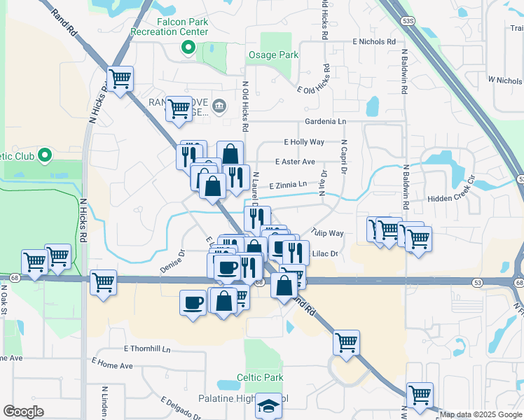 map of restaurants, bars, coffee shops, grocery stores, and more near 842 East Lilly Lane in Palatine