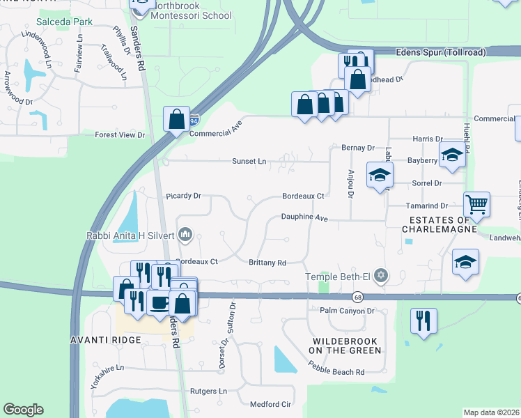 map of restaurants, bars, coffee shops, grocery stores, and more near 3901 Bordeaux Drive in Northbrook