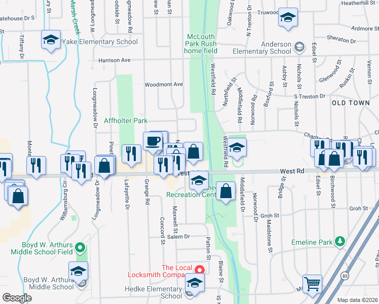 map of restaurants, bars, coffee shops, grocery stores, and more near 3256 South Stella Court in Trenton