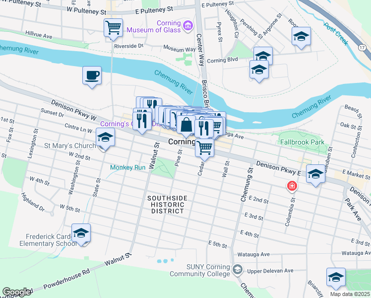 map of restaurants, bars, coffee shops, grocery stores, and more near in Corning