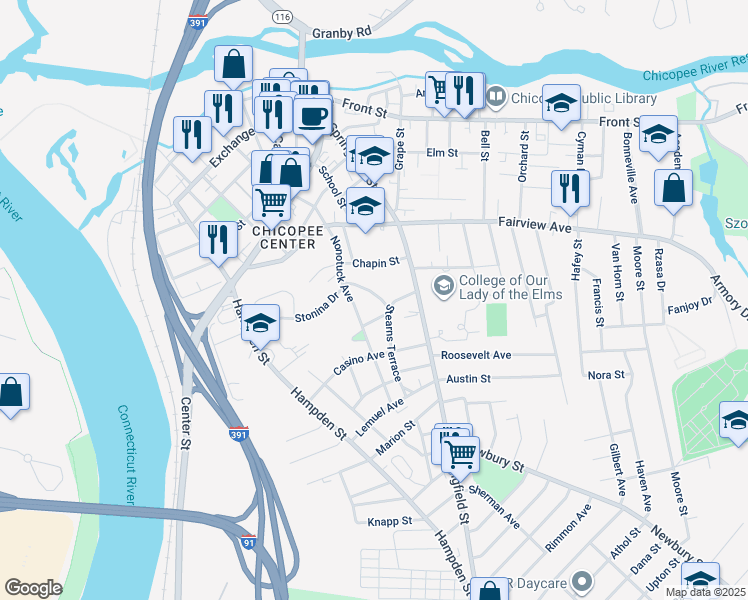 map of restaurants, bars, coffee shops, grocery stores, and more near 20 Captain Mac Street in Chicopee
