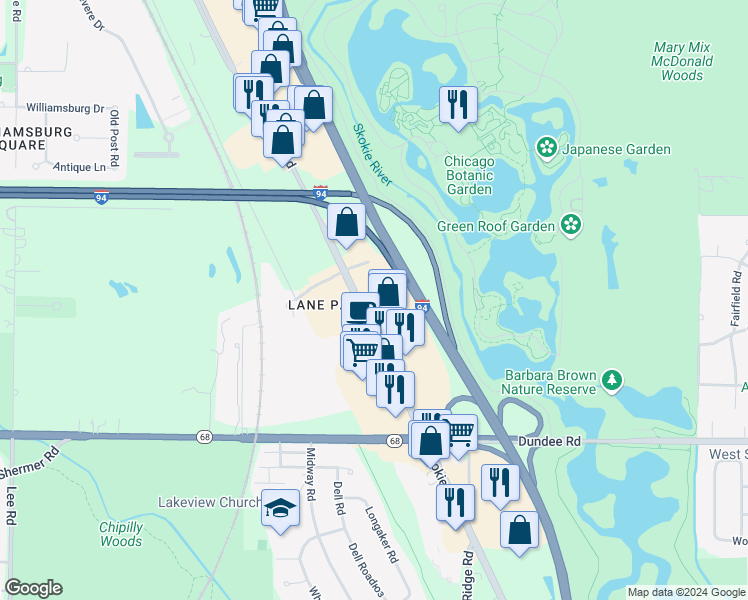 map of restaurants, bars, coffee shops, grocery stores, and more near 555 Skokie Boulevard in Northbrook