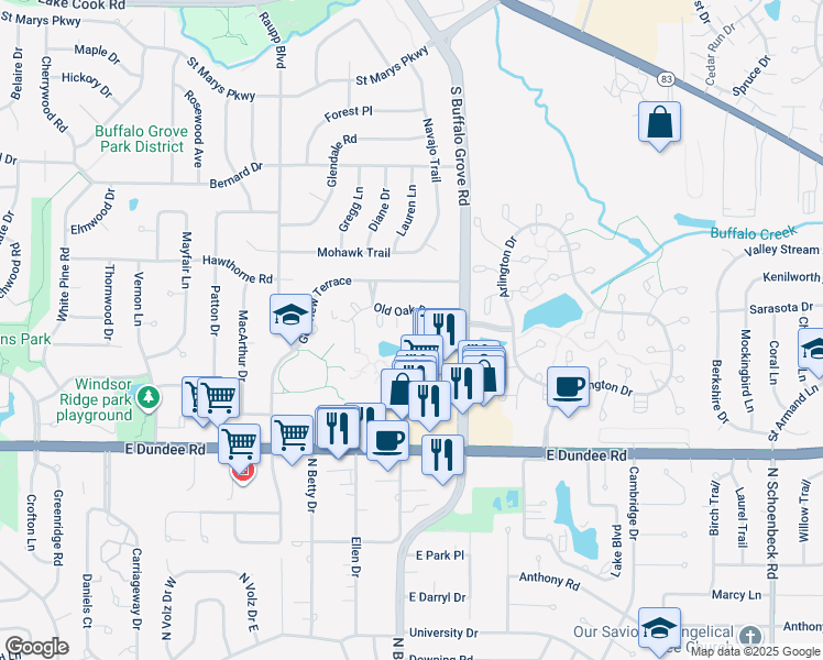 map of restaurants, bars, coffee shops, grocery stores, and more near 101 Old Oak Drive in Buffalo Grove