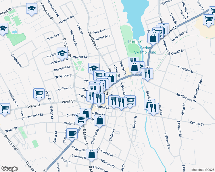 map of restaurants, bars, coffee shops, grocery stores, and more near 29 Spruce Street in Milford