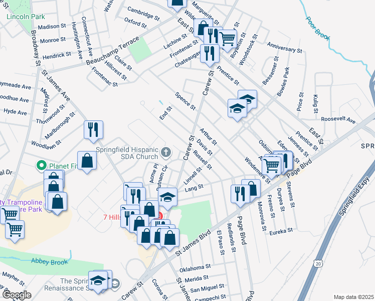 map of restaurants, bars, coffee shops, grocery stores, and more near 1586 Carew Street in Springfield
