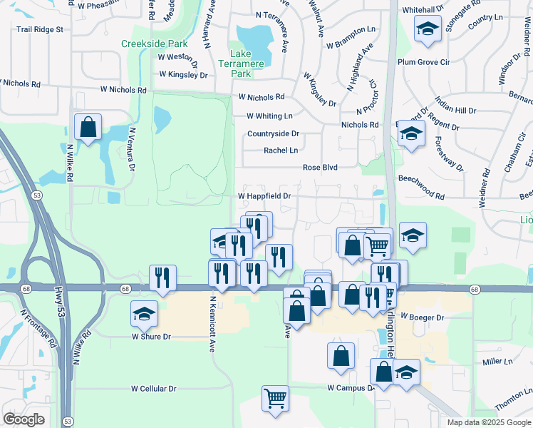 map of restaurants, bars, coffee shops, grocery stores, and more near 857 West Happfield Drive in Arlington Heights