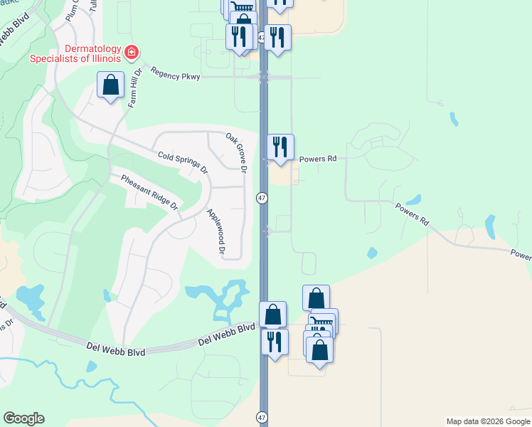 map of restaurants, bars, coffee shops, grocery stores, and more near 12851 Illinois 47 in Huntley