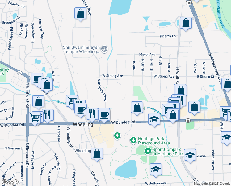 map of restaurants, bars, coffee shops, grocery stores, and more near 275 12th Street in Wheeling