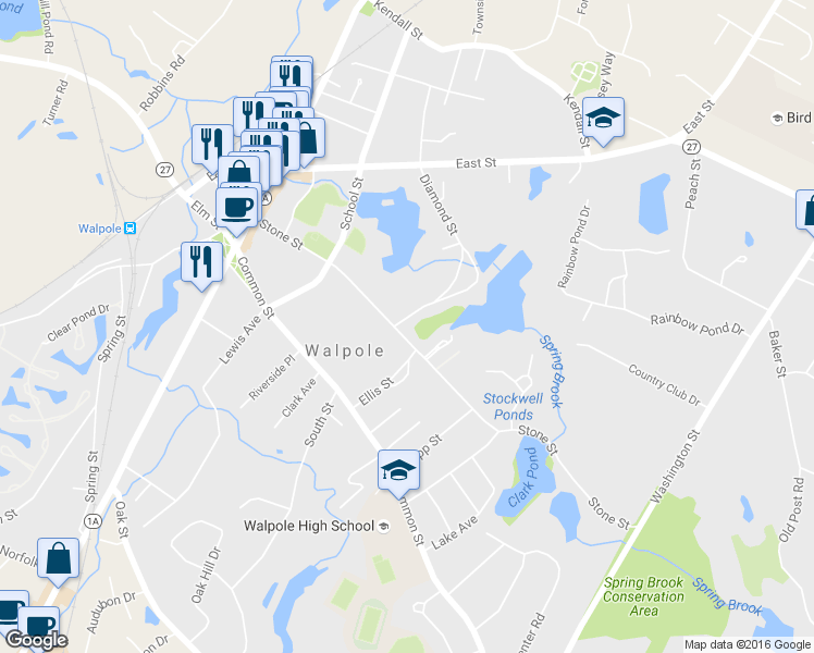 map of restaurants, bars, coffee shops, grocery stores, and more near 160 Stone Street in Walpole